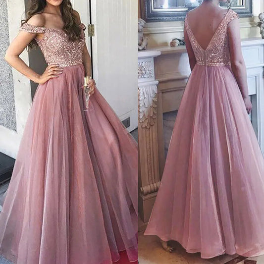 Elegant Shoulder Gauzy pink lace up bridesmaid dress