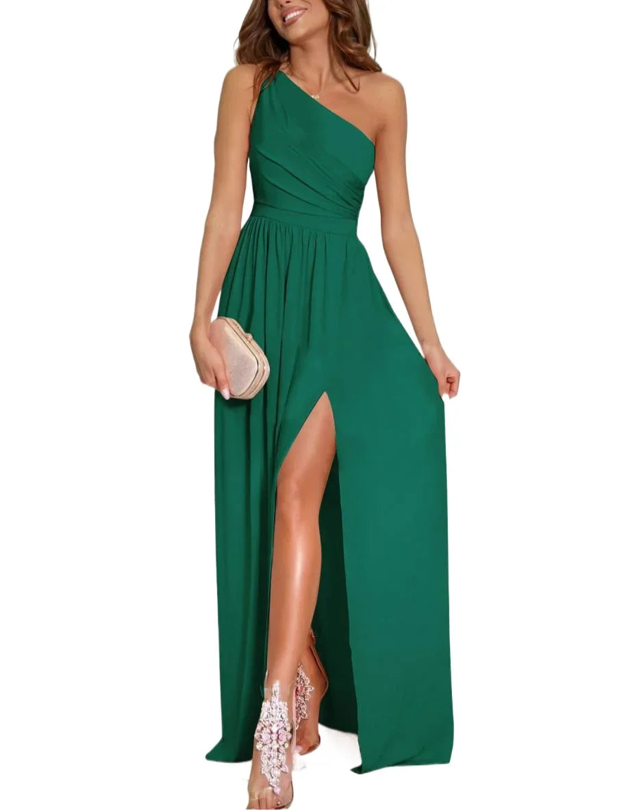 Elegant Simple Color One Shoulder Split Dress