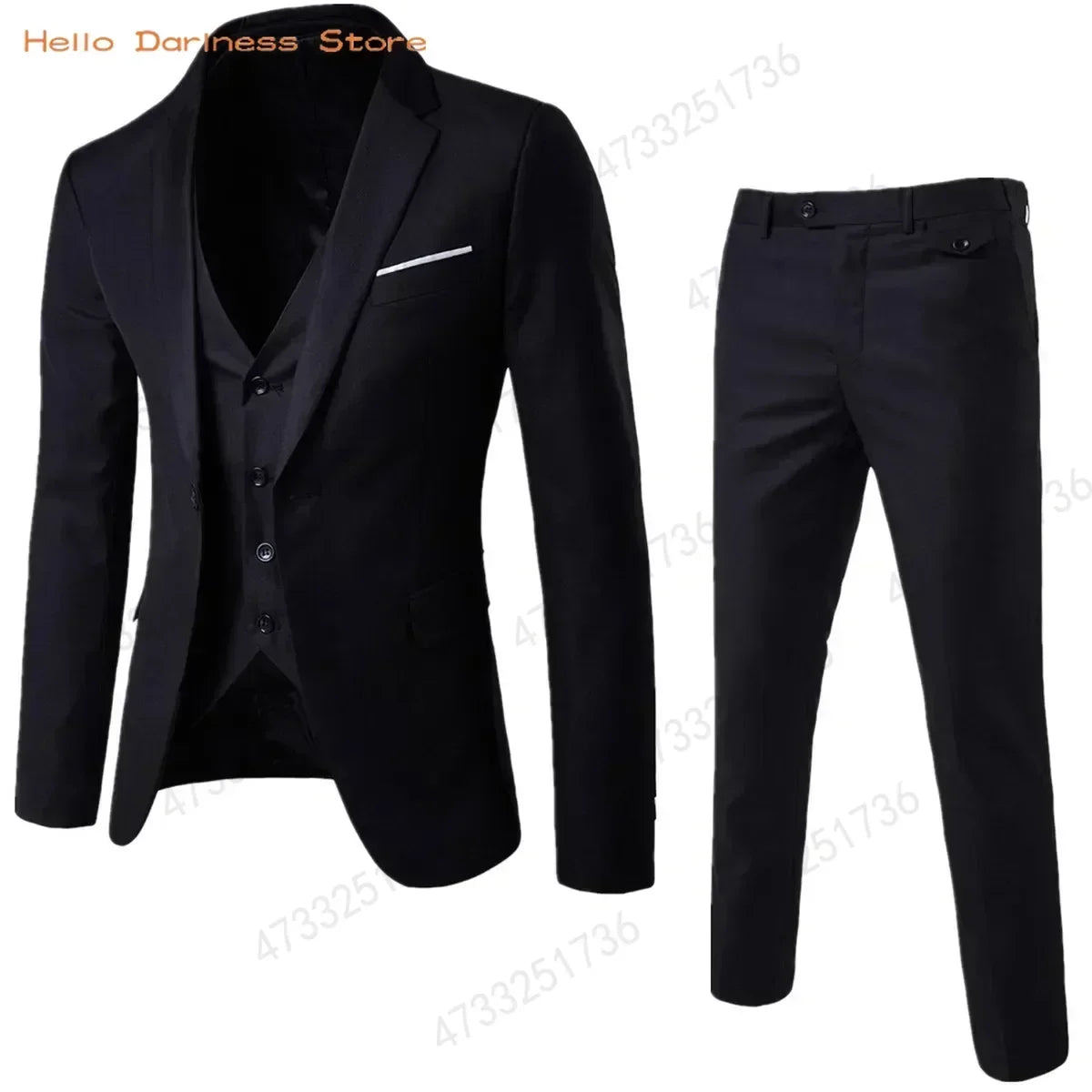 3 Pcs Black Elegant Suits+Pants Brand Slim Fit Single Button Men suit